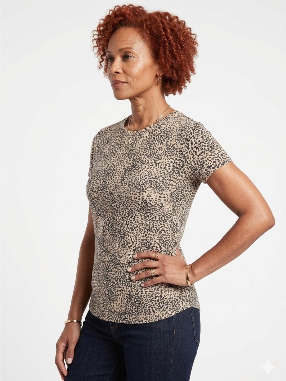Athleta T-Shirt Organic Daily Short Sleeve Micro Leopard Cotton Tan Size S